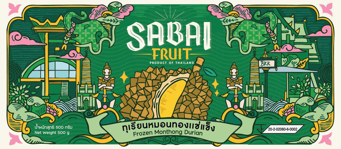 ลวดลายไทยบนซองทุเรียนหมอนทองแช่แข็ง Sabai Fruit