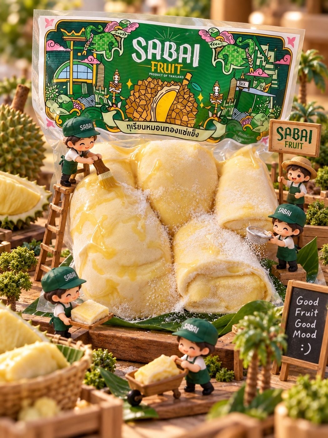 ทีมงานตัวจิ๋วกำลังดูแลแพ็กทุเรียน Sabai Fruit