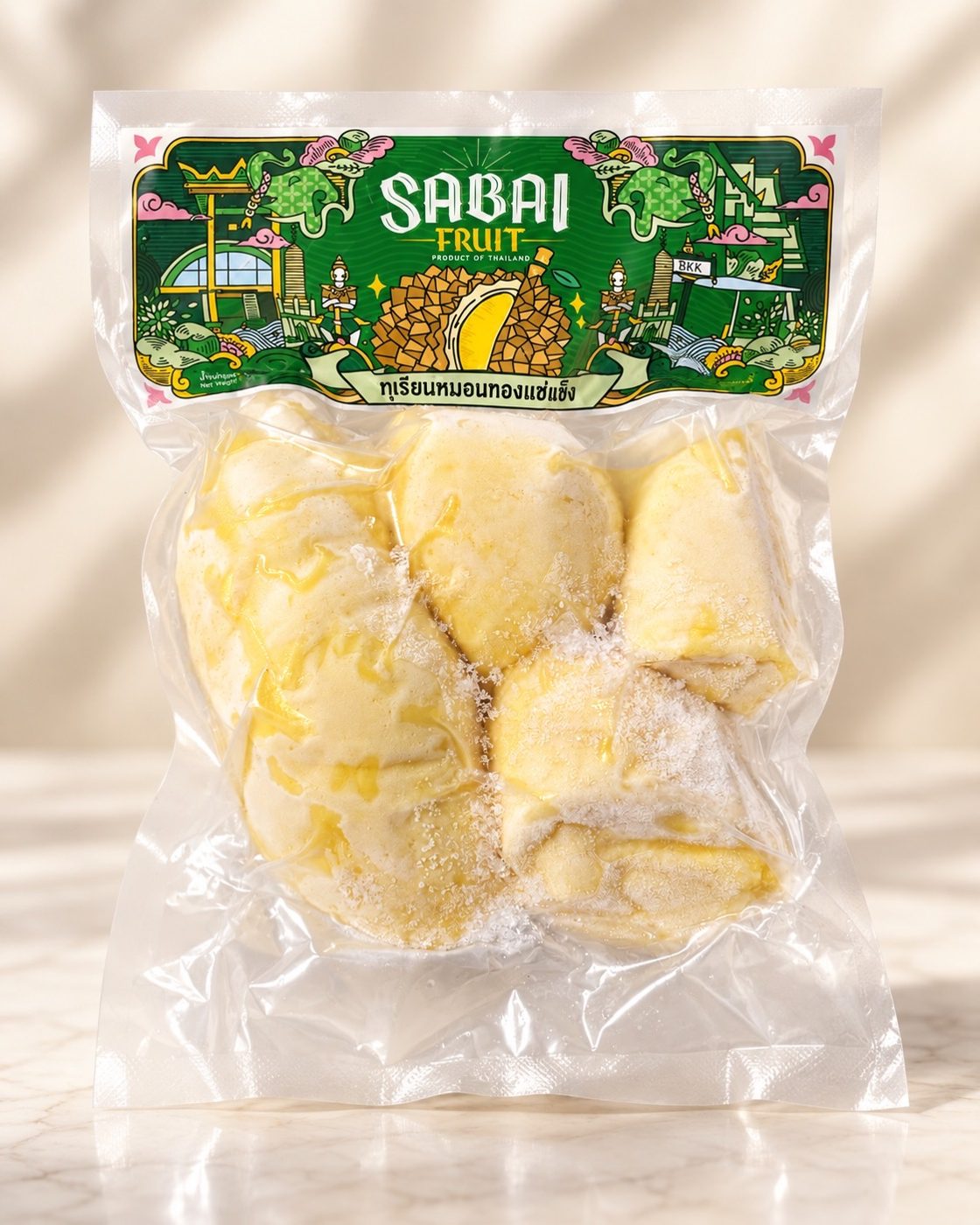 แพ็กทุเรียนหมอนทองแช่แข็ง Sabai Fruit ขนาด 500 กรัม